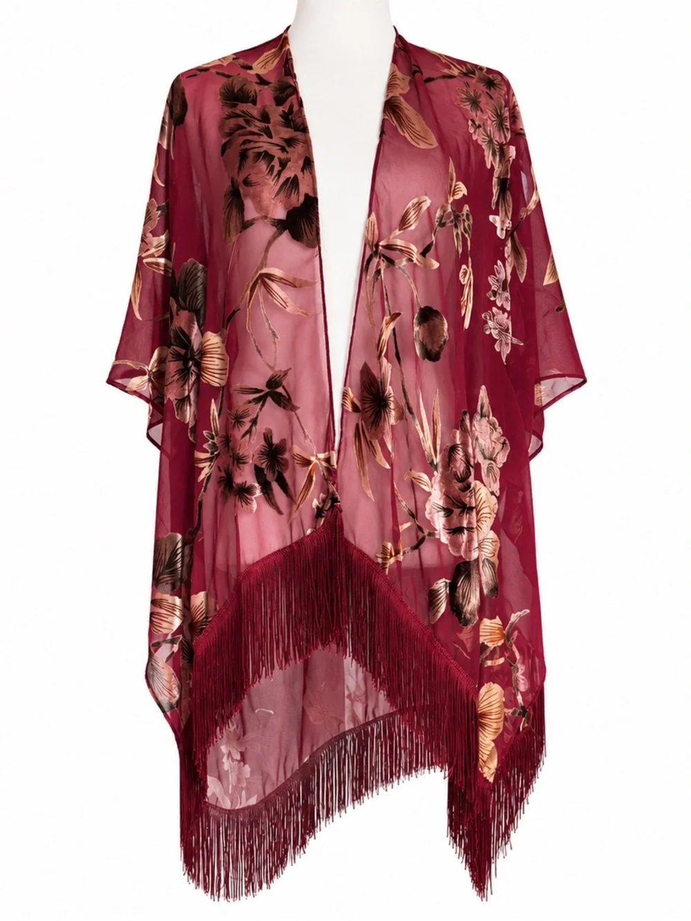 Roffe Burgundy Floral Chiffon Velvet Burnout Fringe Kimono os